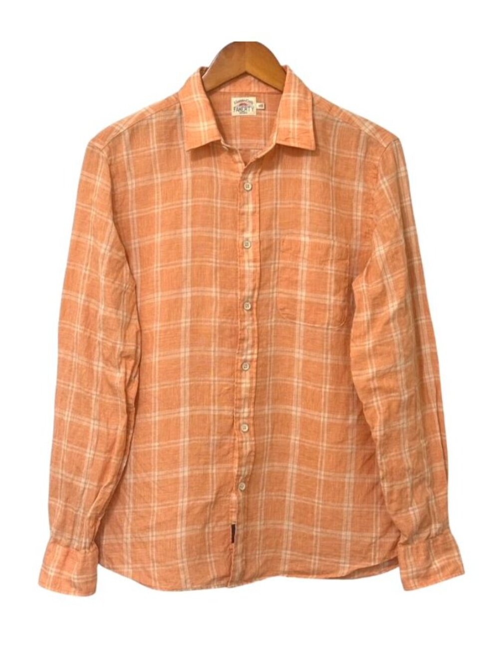 Faherty Men's Laguna Linen Shirt Long Sleeve Button Up Orange White Plaid Size M